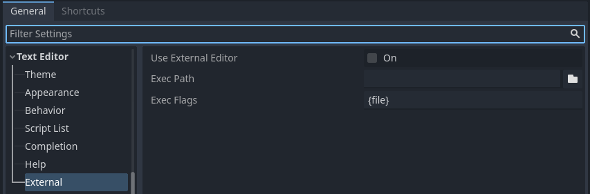 Der Abschnitt Texteditor > Extern der Editoreinstellungen