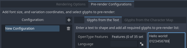 Aktivieren des Prerendering im Dialogfeld Erweiterte Importeinstellungen, "Glyphen aus dem Text"-Tab