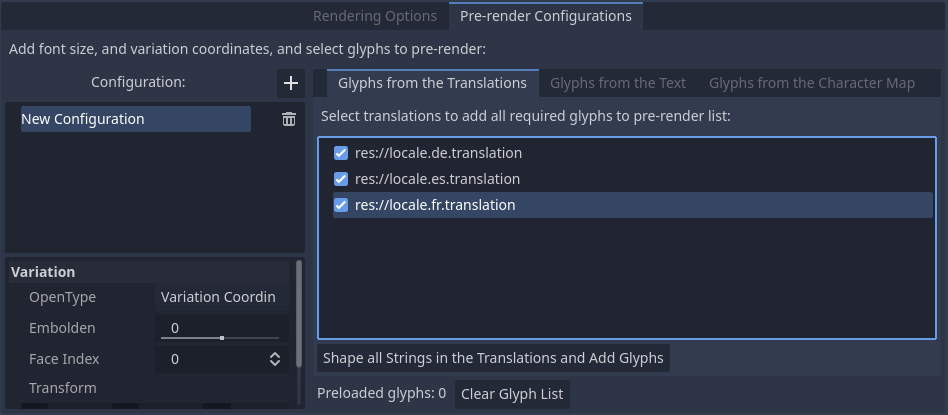 Aktivieren des Prerendering im Dialog Erweiterte Importeinstellungen mit den Glyphen auf dem Übersetzungen-Tab