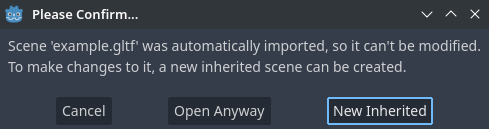 Dialog beim Öffnen einer importierten 3D-Szene im Editor