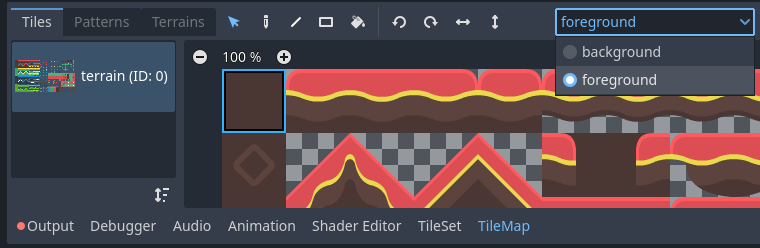 Auswählen einer Ebene zum Malen im TileMap-Editor