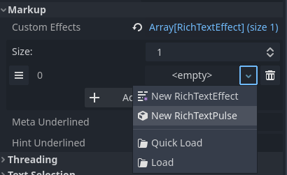 Auswählen eines benutzerdefinierten RichTextEffects nach dem Speichern eines Skripts, das RichTextEffect mit einem ``class_name`` erweitert