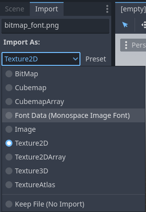 Ändern des Importtyps in Schriftartdaten (Monospace Image Font)