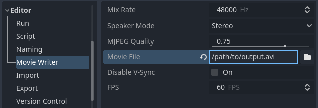 Movie Maker project settings (with Advanced toggle enabled)