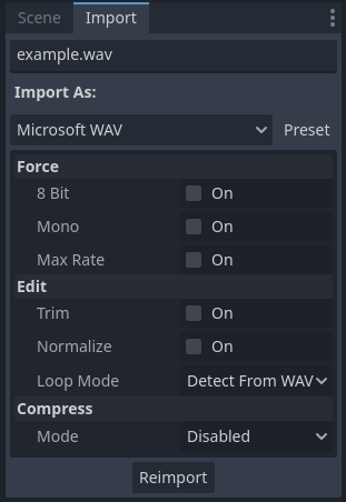 Import options in the Import dock after selecting a WAV file in the FileSystem dock