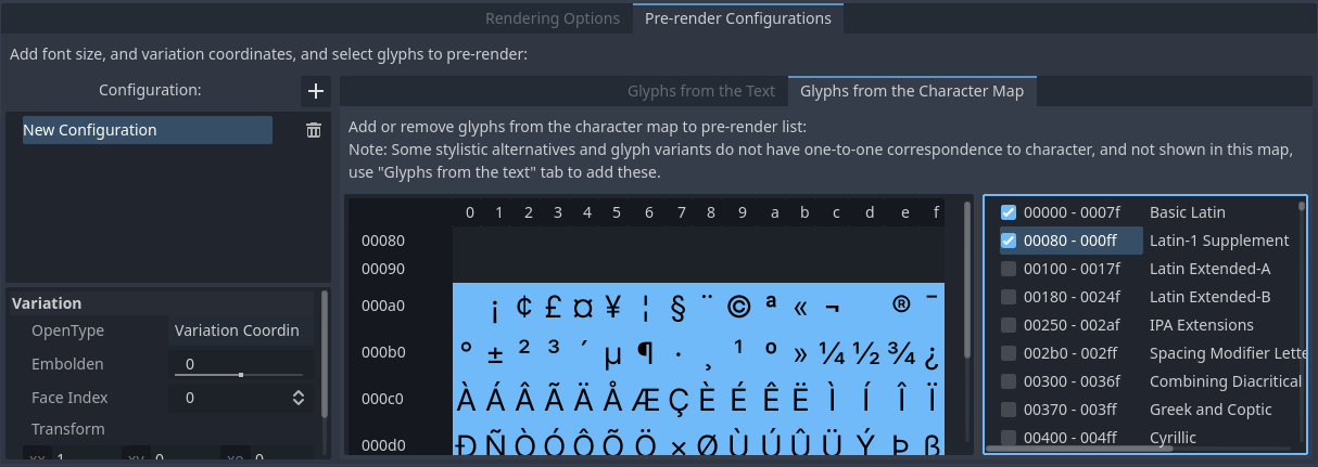 Enabling prerendering in the Advanced Import Settings dialog, Glyphs from the Character Map tab