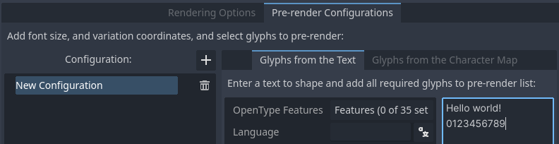 Enabling prerendering in the Advanced Import Settings dialog, Glyphs from the Text tab
