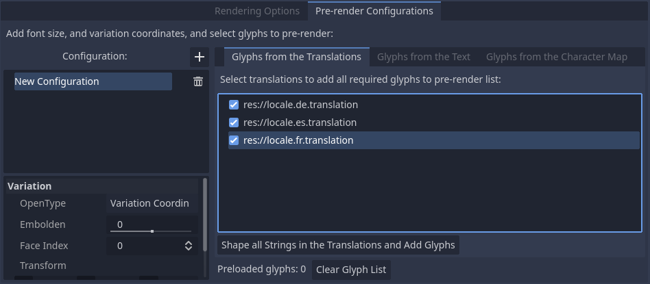 Enabling prerendering in the Advanced Import Settings dialog with the Glyphs from the Translations tab