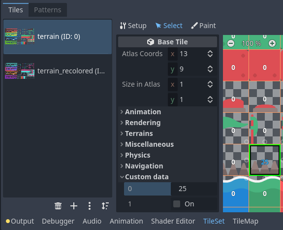 Editing custom data in the TileSet editor while in Select mode