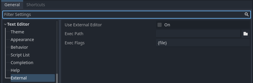 Text Editor > External section of the Editor Settings