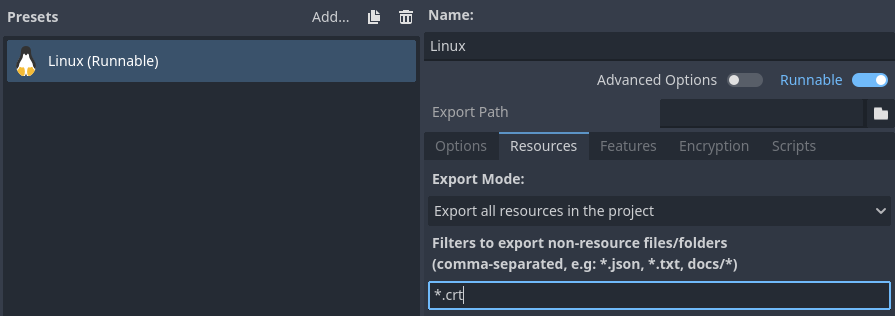 Adding ``*.crt`` to non-resource export filter in the export preset