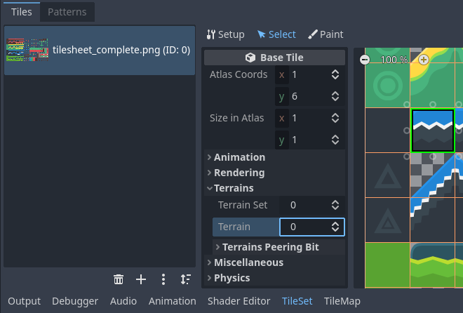 Configuring terrain on a single tile in the TileSet editor's Select mode