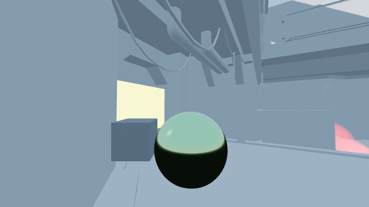 A 3D scene without any form of global illumination (only constant environment lighting). The box and sphere near the camera are both dynamic objects.