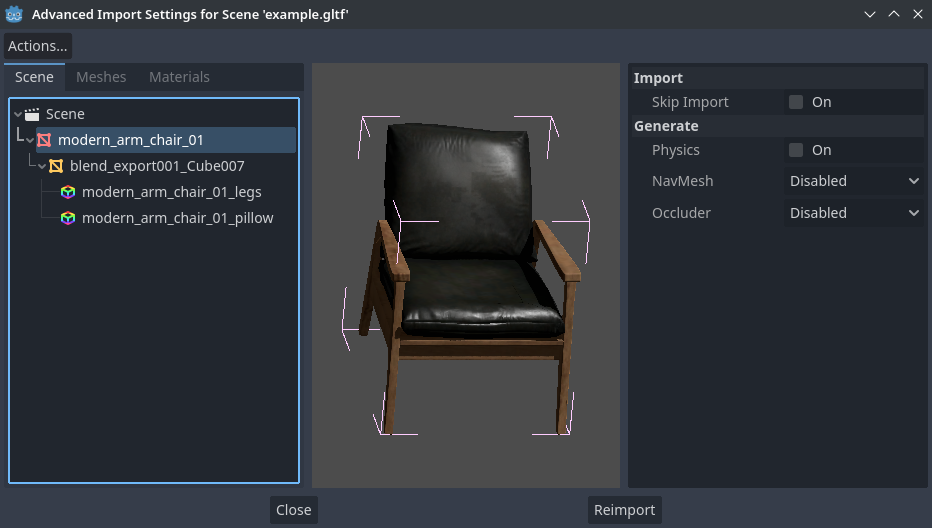Selecting a node in the Advanced Import Settings dialog (Scene tab)