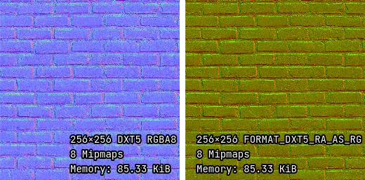 Normal map with standard VRAM compression (left) and with RGTC VRAM compression (right)