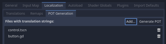 Creating a PO template in the Localization > POT Generation tab of the Project Settings