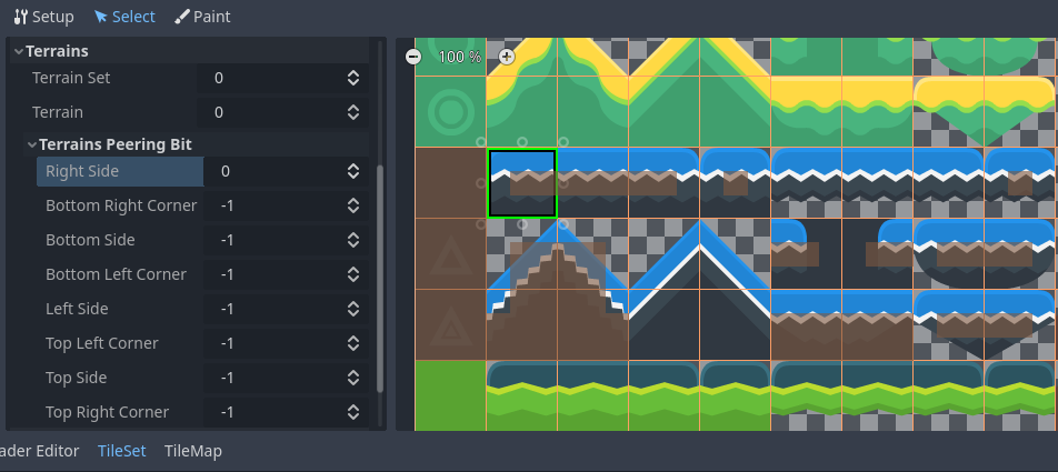 Configuring terrain peering bits on a single tile in the TileSet editor's Select mode