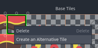 Creating an alternative tile by right-clicking a base tile in the TileSet editor