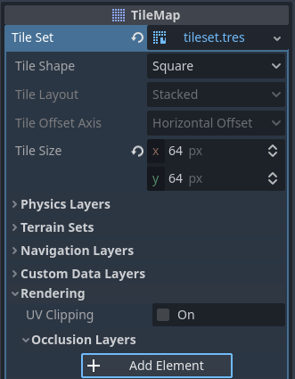 Creating an occlusion layer in the TileSet resource inspector (within the TileMap node)