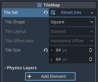 Creating a physics layer in the TileSet resource inspector (within the TileMap node)