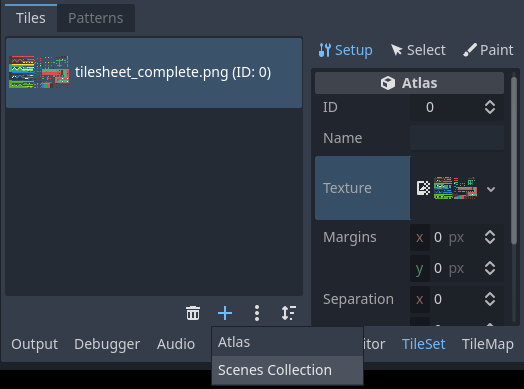 Creating a scenes collection in the TileSet editor