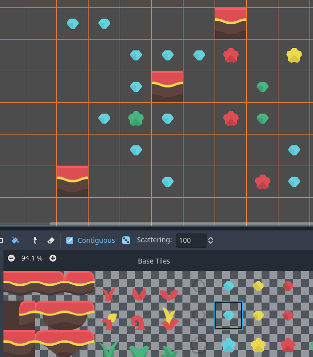 Usando el Bote de Relleno con un solo tile, pero con la aleatorización y la dispersión habilitados