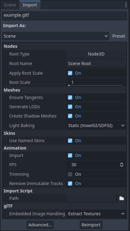 Panel Importar después de seleccionar una escena 3D en el panel de Sistema de Archivos