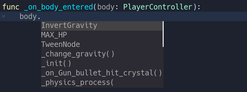 options de complétion de code pour un type statique