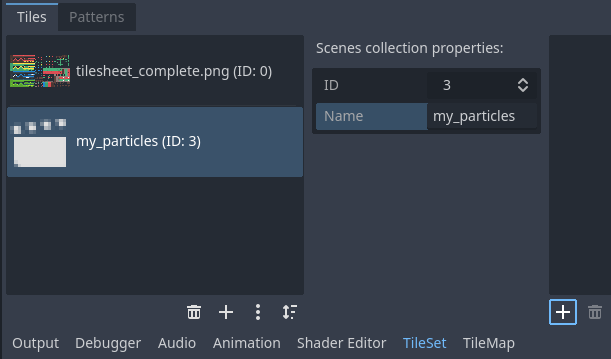 Création d'une tuile de scène après avoir sélectionné la collection de scènes dans l'éditeur TileSet