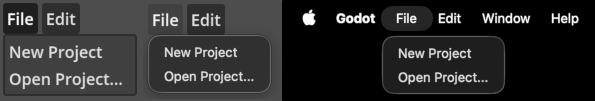 Confronto tra MenuBar standard (a sinistra), la MenuBar con popup nativi (al centro) e il menu nativo (a destra) su macOS
