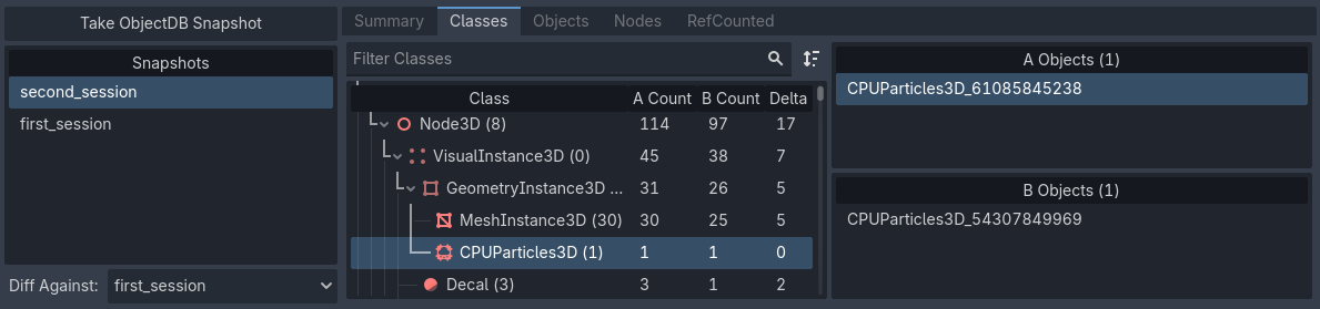 Due snapshot confrontati nella scheda Classi. Qui, la colonna A rappresenta ``second_session``, la colonna B rappresenta ``first_session``