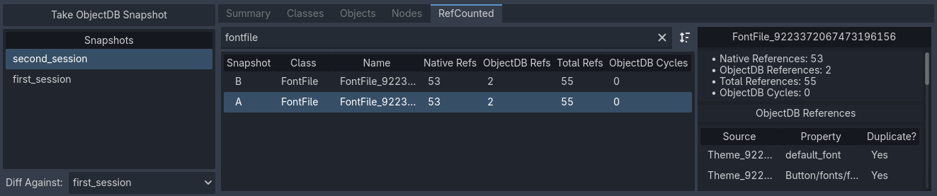 La scheda RefCounted usata per visualizzare le istanze RefCounted