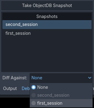 Menu a tendina "Diff Against" nell'angolo in basso a sinistra del profiler di ObjectDB