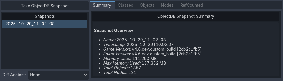 Riepilogo del profiler di ObjectDB con uno snapshot catturato