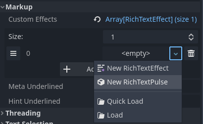 ``class_name`` を使用して RichTextEffect を継承するスクリプトを保存した後、カスタムした RichTextEffect を選択する