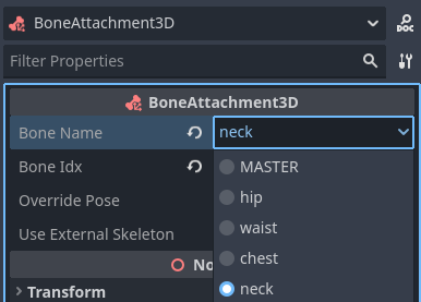 인스펙터에서 BoneAttachment3D 노드 구성