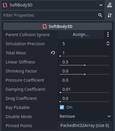 인스펙터에서 SoftBody3D 시뮬레이션 속성 조정