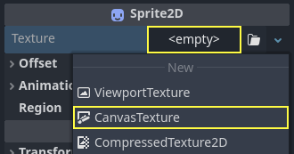 Criação de um recurso CanvasTexture para um nó Sprite2D