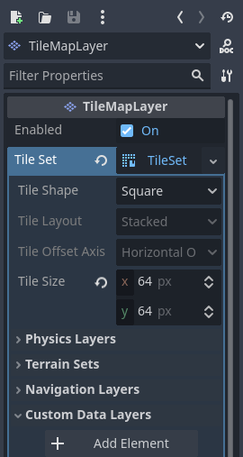 Criando uma camada de dados personalizados no Inspetor do recurso TileSet (dentro do nó TileMapLayer)