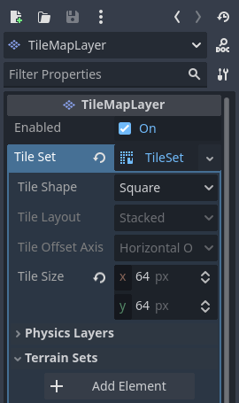 Criando um conjunto de terrenos no Inspetor do recurso TileSet (no nó TileMapLayer)