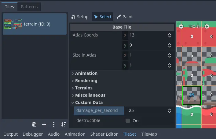 Editando dados personalizados no editor de TileSet enquanto está no modo Seleção
