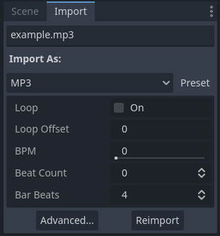 Параметры импорта во вкладке «Import» после выбора файла MP3 во вкладке «FileSystem»