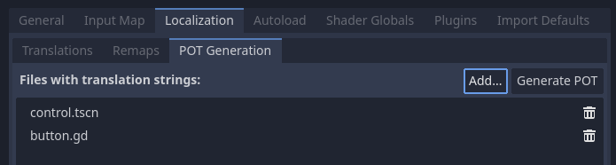 Создание шаблона PO на вкладке "Localization > POT Generation" в Project Settings