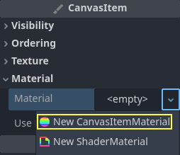 Создание CanvasItemMaterial в нижней части инспектора узлов частиц