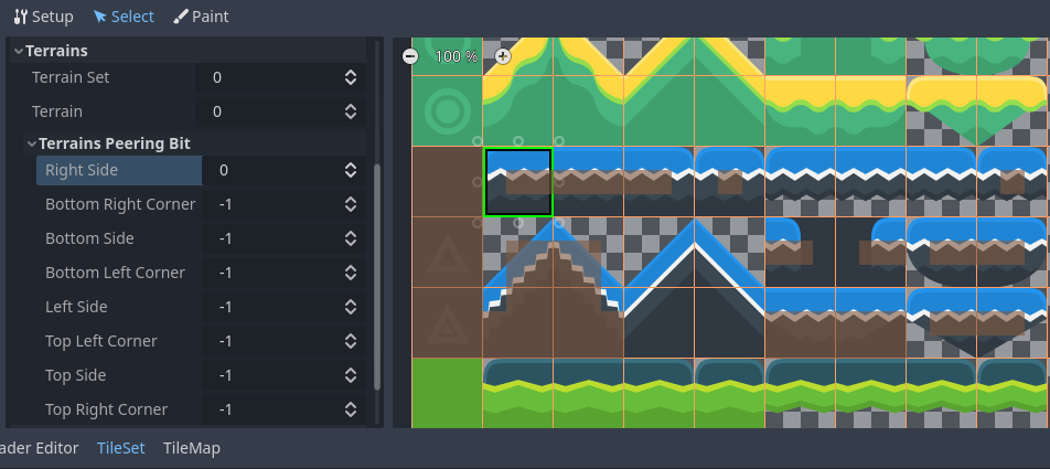 Настройка битов пиринга (peering) ландшафта на одном тайле в режиме Select редактора TileSet