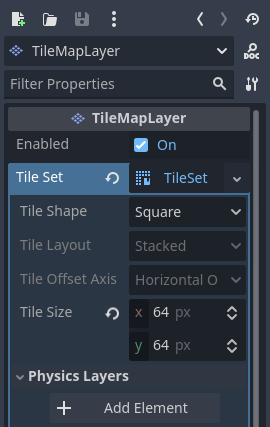 Создание физического слоя в инспекторе ресурсов TileSet (внутри узла TileMapLayer)