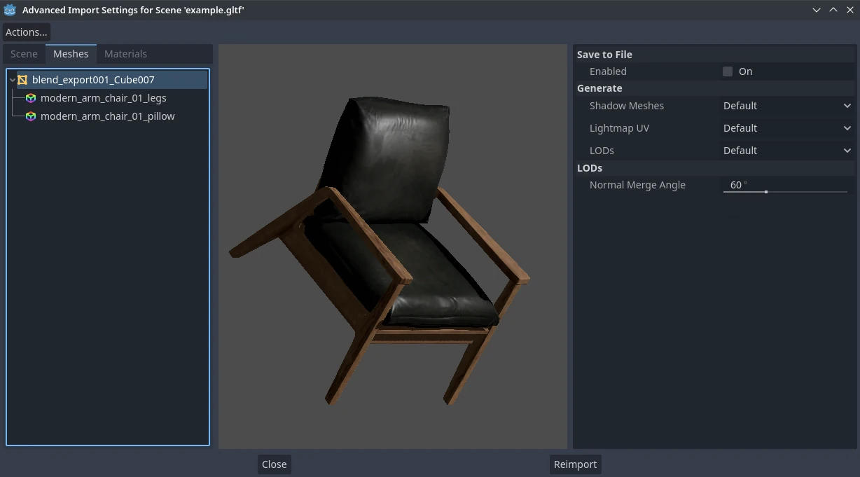 Диалоговое окно «Advanced Import Settings» (вкладка Meshes (Сетки))