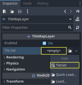 Создание новог TileSet ресурса в узле TileMapLayer
