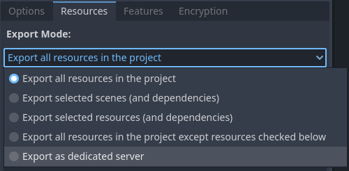 Choosing the **Export as dedicated server** export mode in the export preset