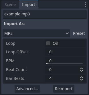 Import options in the Import dock after selecting a MP3 file in the FileSystem dock